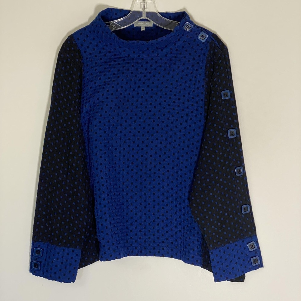 Habitat Top Womens XL Blue Black Polka Dot Textured High Neck Button Long Sleeve